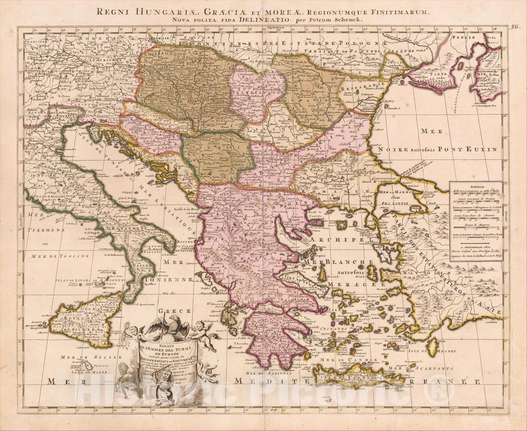 Historic Map : Estats de L'Empire des Turqs en Europe, Subdivisee Suivant l'Academie des Beglerbeglicz our Gouvernements, c1700, Peter Schenk, Vintage Wall Art