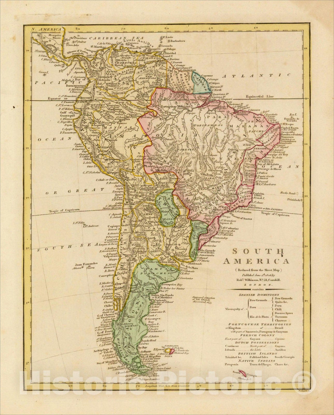 Historic Map : South America (Reduced from the Sheet Map), 186, 1806, Robert Wilkinson, Vintage Wall Art