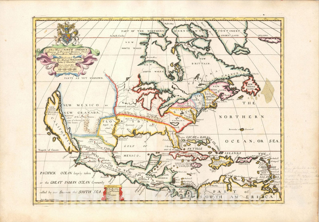 Historic Map : North America Shewing its Principal Divisions, Chief Cities, Townes, Rivers, Mountains, c1700, Edward Wells, Vintage Wall Art