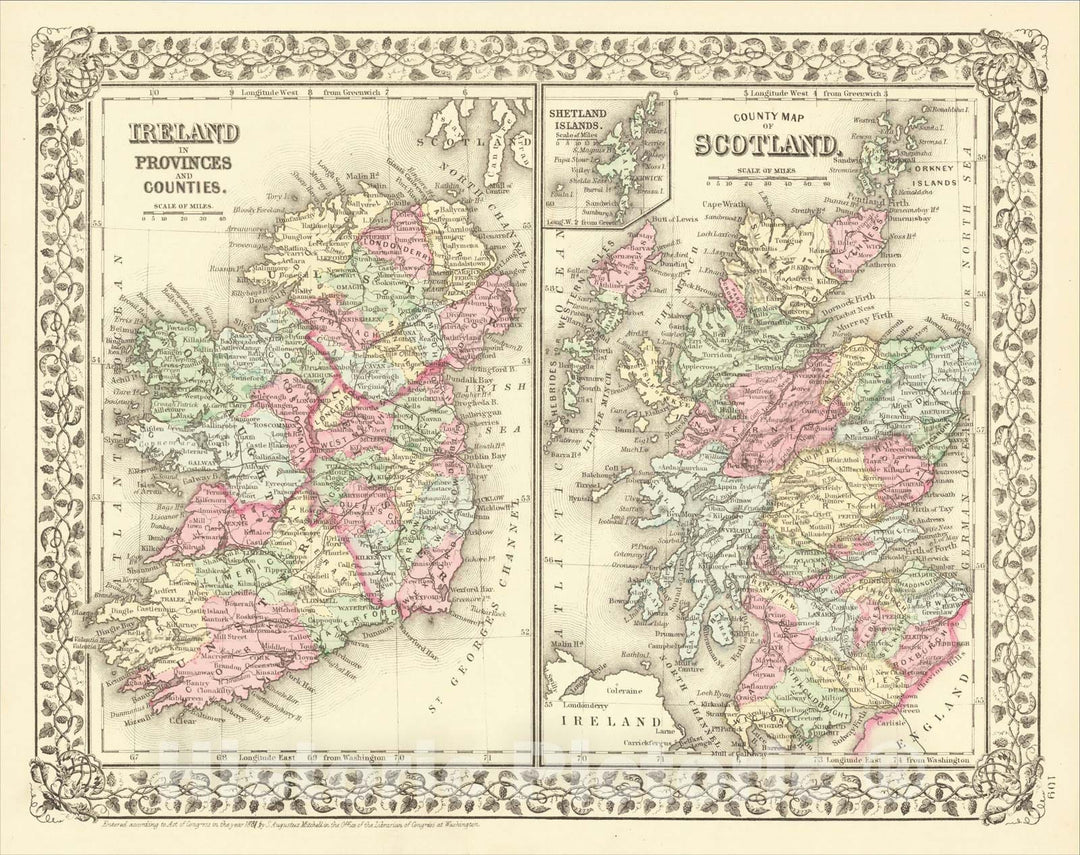 Historic Map : Ireland in Provinces and Counties with County Map of Scotland, 1881, Samuel Augustus Mitchell Jr., Vintage Wall Art