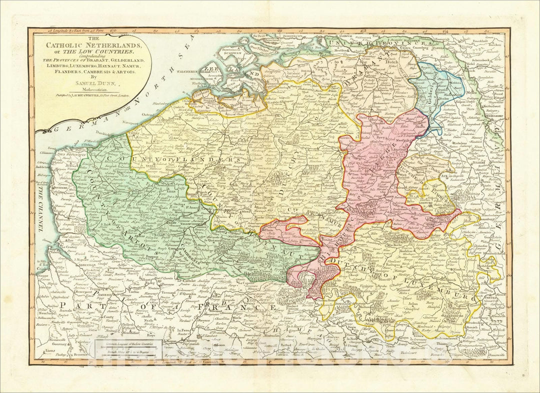 Historic Map : The Catholic Netherlands or The Low Countries, Comprehending The Provinces of Brabant, Gelderland, Limburg, 1794, Samuel Dunn, Vintage Wall Art