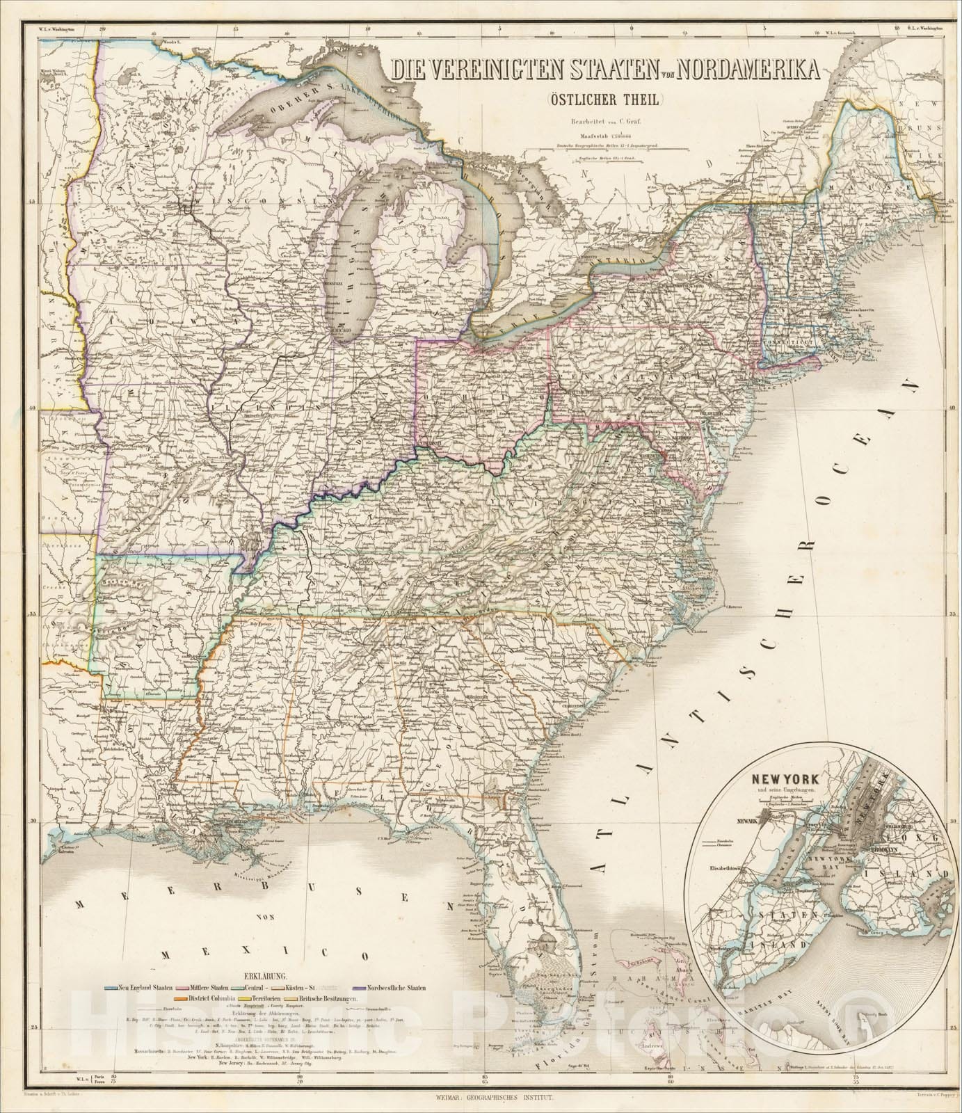 Historic Map : Die Vereinigten Staaten von Nord Amerika (Ostlicher Theil) [New York City Inset], 1858, Heinrich Kiepert, Vintage Wall Art