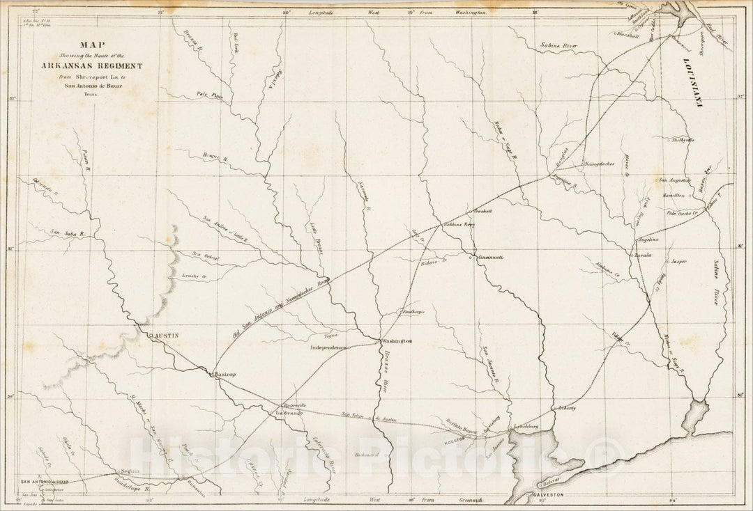 Historic Map : Map Showing the Route of the Arkansas Regiment from Shreveport to San Antonio de Bexar Texas, 1849, United States GPO, Vintage Wall Art