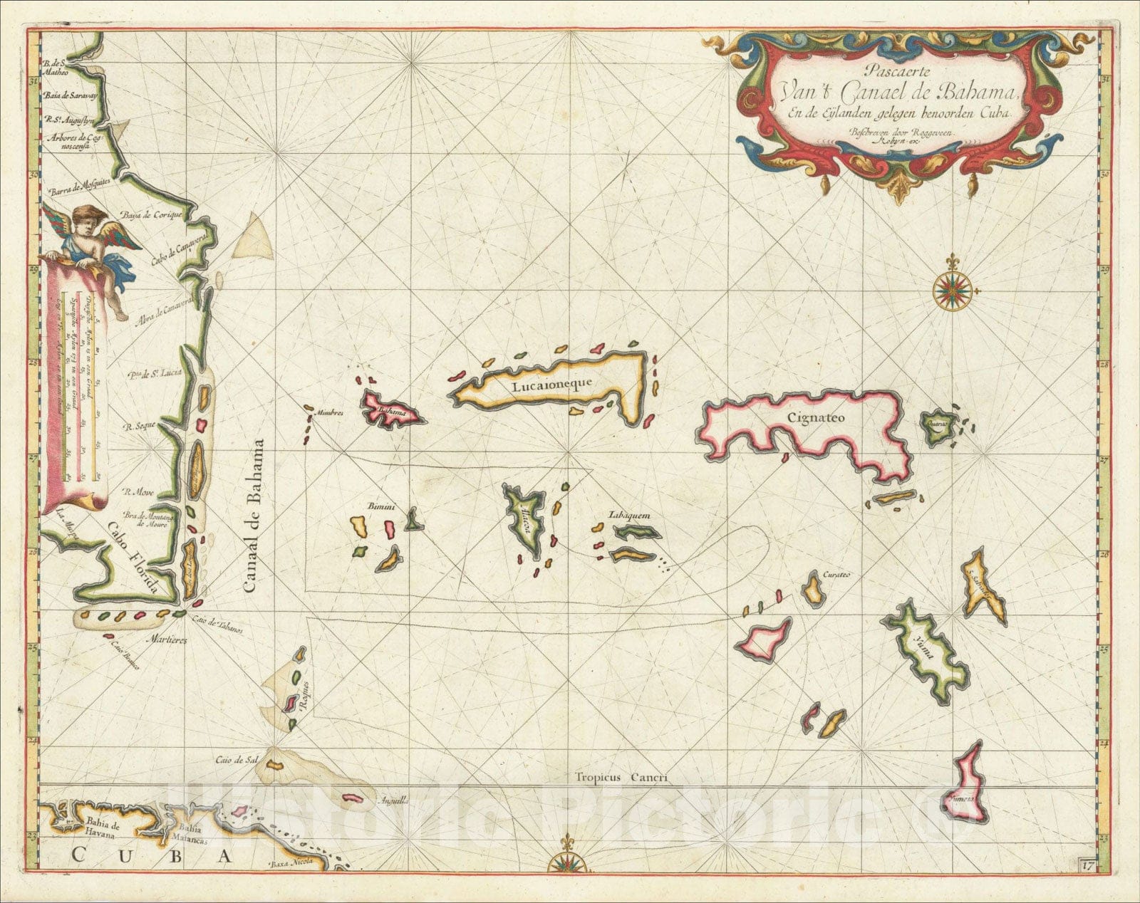 Historic Map : Pascaerte Van't Canael de Bahama, en de Eylanden gelegen benoorden Cuba. Beschreven door Roggeveen., 1678, Arent Roggeveen, v1, Vintage Wall Art