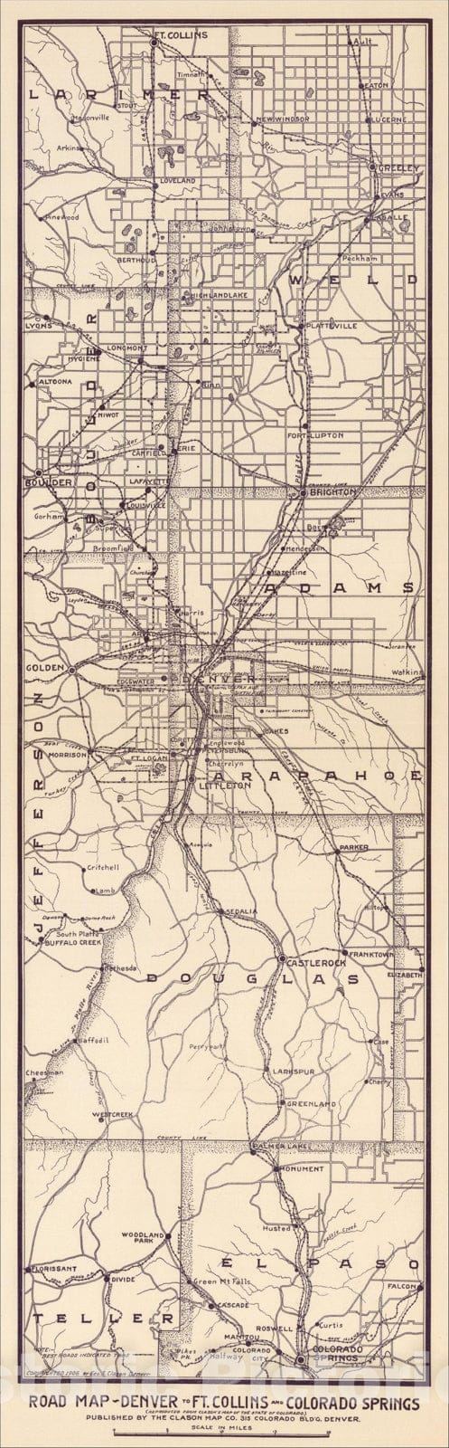 Historic Map : Road Map ~ Denver to Ft. Collins and Colorado Springs , 1906, George Clason, Vintage Wall Art