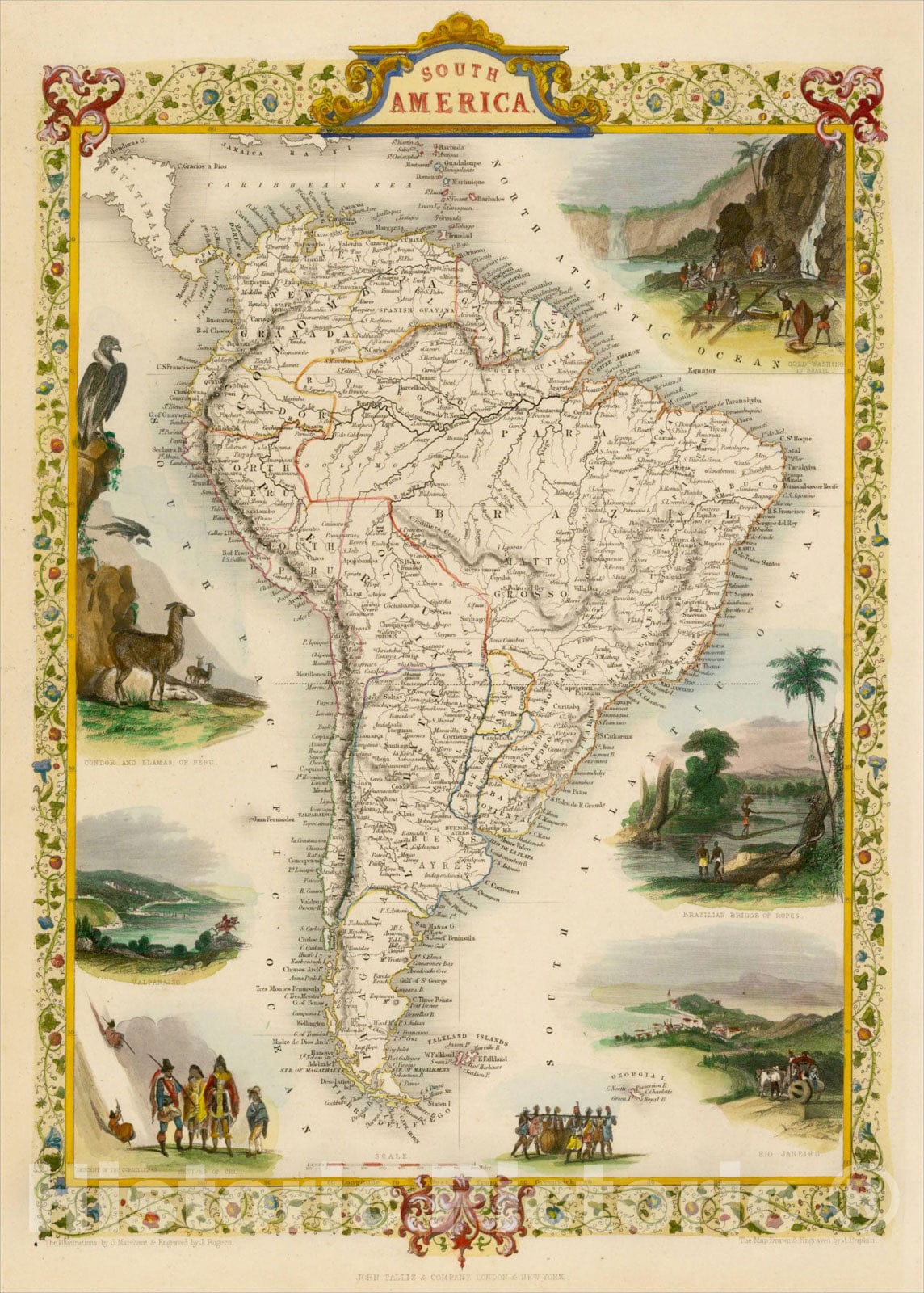 Historic Map : South America, 1851, John Tallis, v3, Vintage Wall Art