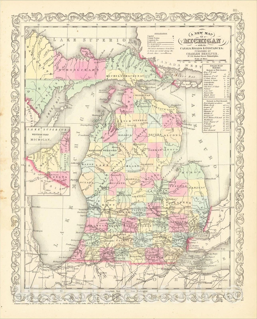 Historic Map : A New Map Of Michigan with its Canals, Roads and Distances, 1857, Charles Desilver, Vintage Wall Art