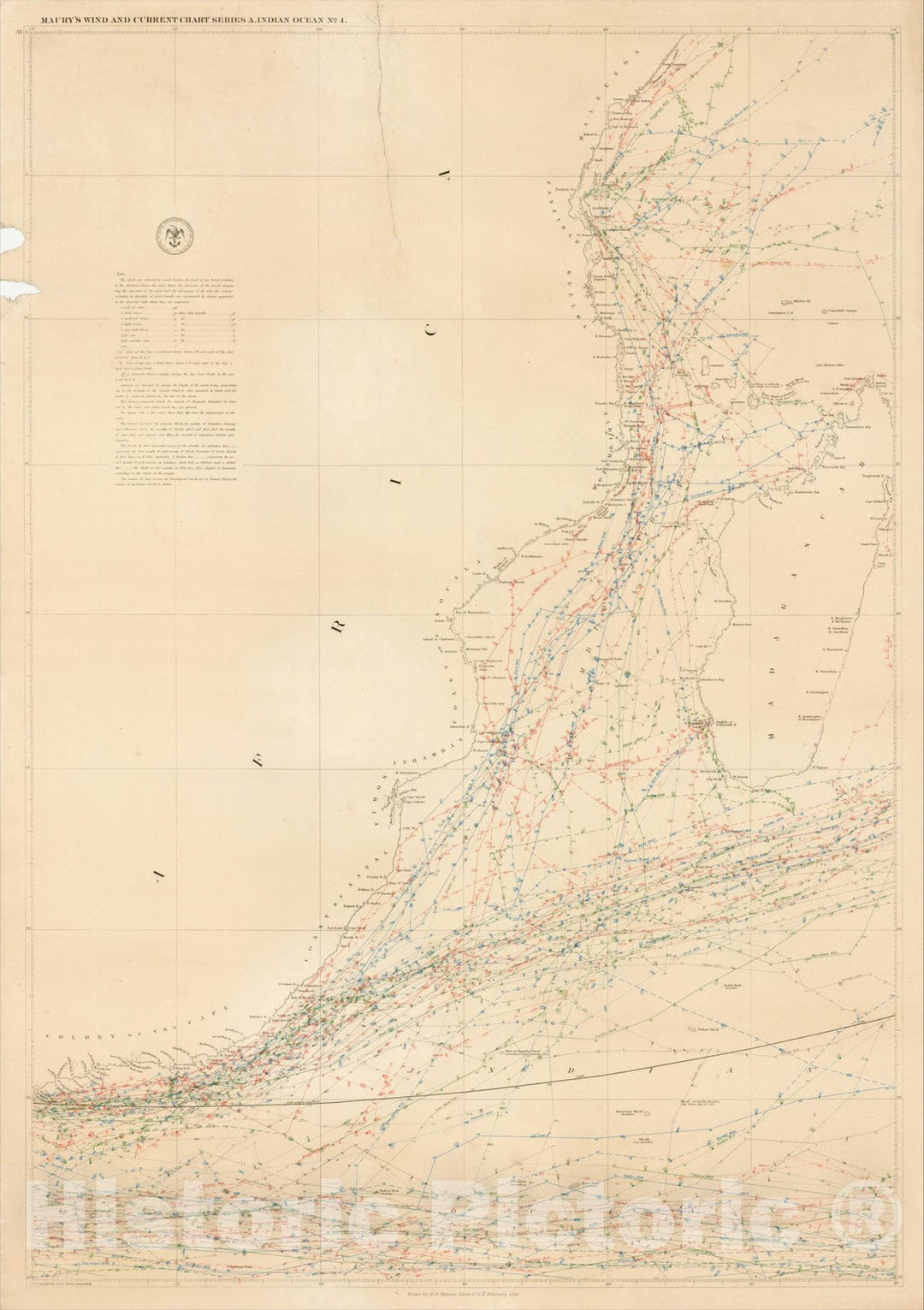 Historic Map : Maury's Wind & Current Chart, (South Africa, Mozambique, Madagascar), 1854, Matthew Fontaine Maury, Vintage Wall Art