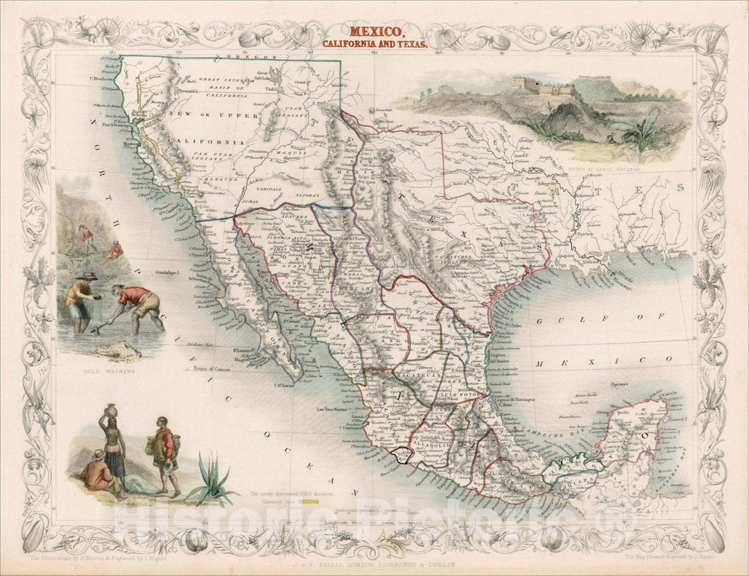 Historic Map : Mexico, California and Texas, 1851, John Tallis, v3, Vintage Wall Art