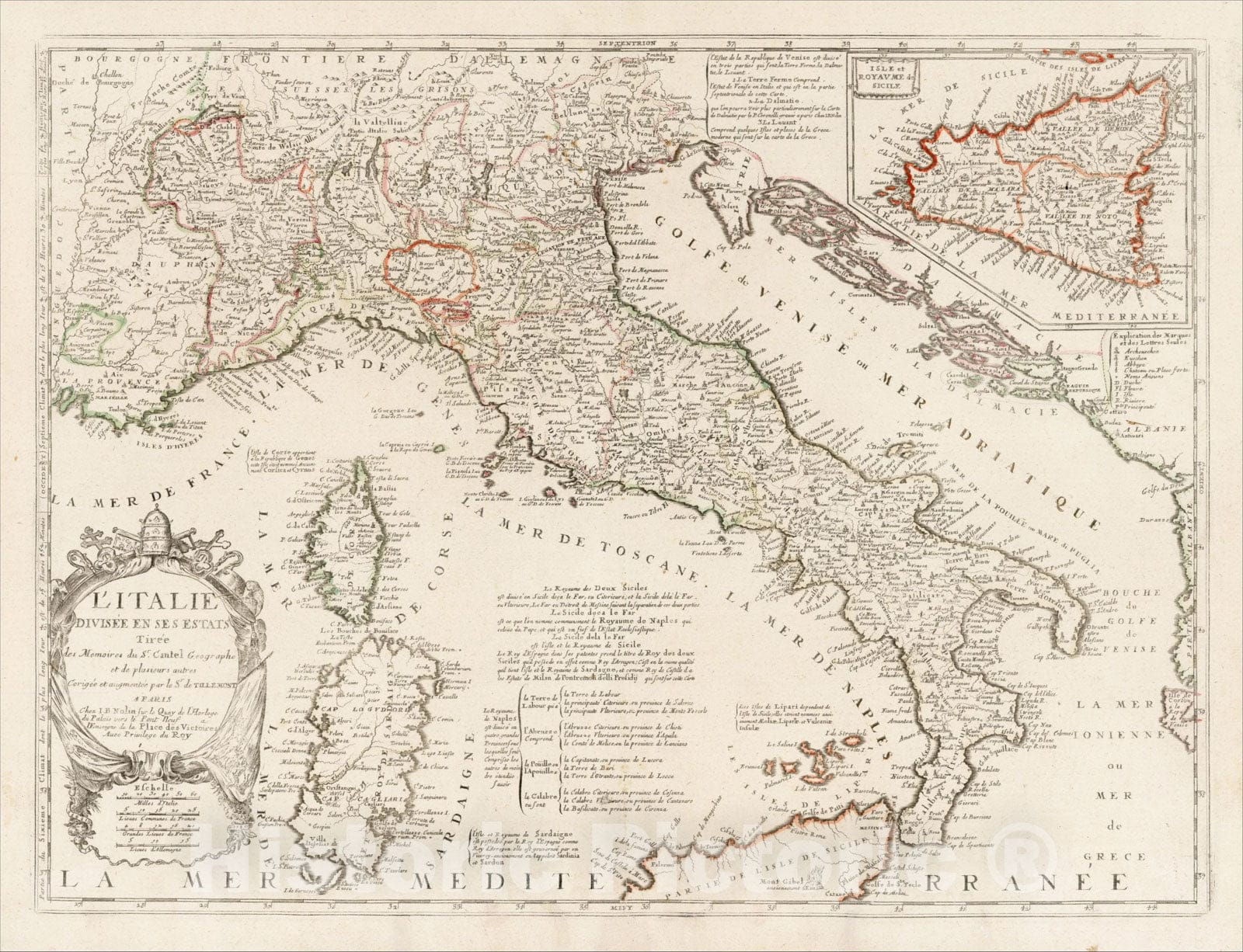 Historic Map : L'Italie Divisee en ses estats Tiree, des Memoires du Sr. Cantel, (Sicily Inset), c1700, v1, Vintage Wall Art