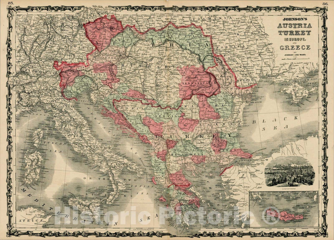 Historic Map : Johnson's Austria Turkey in Europe and Greece, 1862, Benjamin Ward, Vintage Wall Art