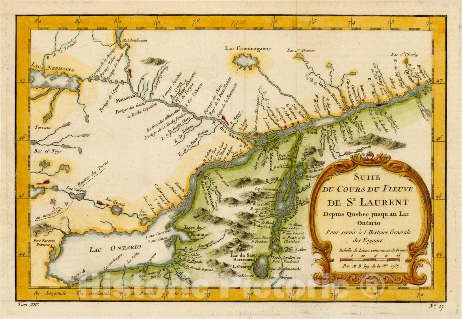 Historic Map : Suite Du Cours Du Fleuve De St. Laurent Depuis Quebec jusqu au Lac Ontario, 1757, 1757, Jacques Nicolas Bellin, Vintage Wall Art