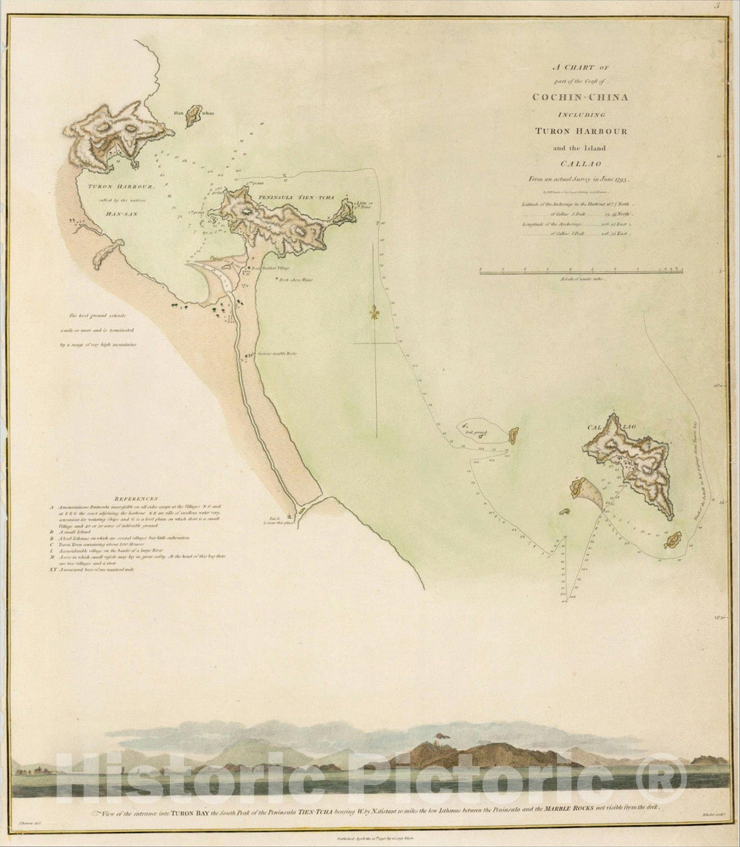 Historic Map : A Chart of Part of the Coast of Cochin-China Including Turon Harbour and the Island Callao (Vietnam Coastline), 1796, George L. Staunton, Vintage Wall Art