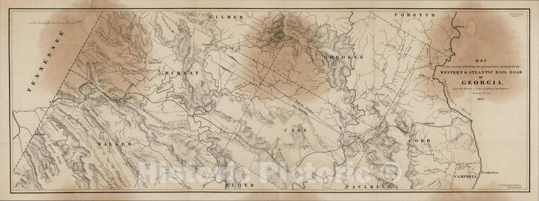 Historic Map : Map of the country embracing the various routes surveyed for the Western & Atlantic Rail Road of Georgia, 1837, , Vintage Wall Art