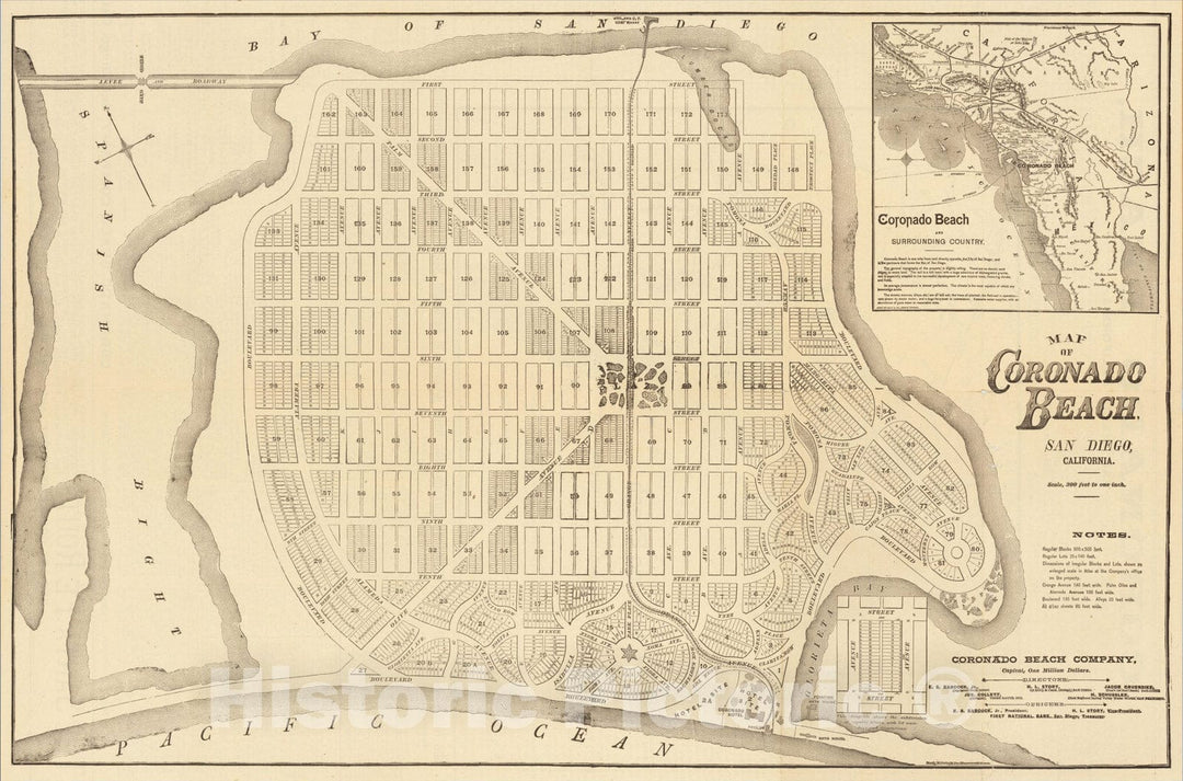 Historic Map : Map of Coronado Beach San Diego, California, Coronado Beach and Surrounding Country, 1887, Rand McNally & Company, Vintage Wall Art