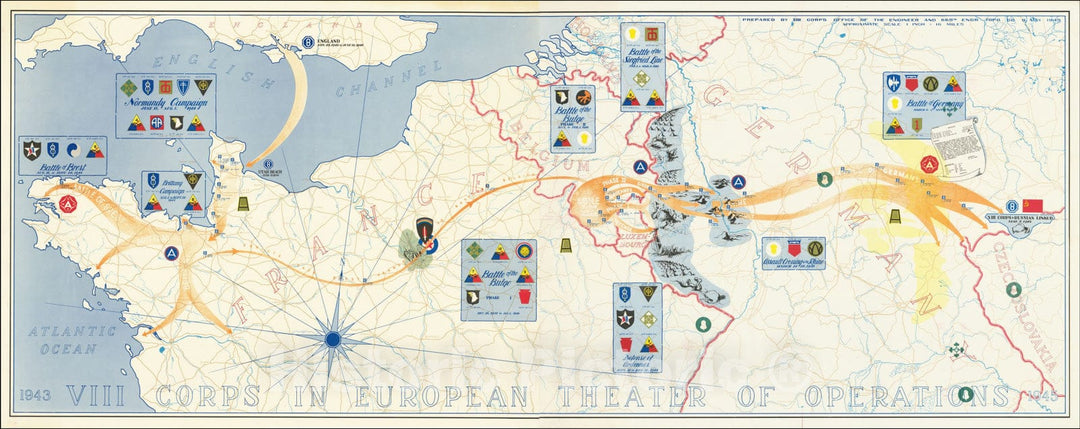 Historic Map : VIII Corps In European Theater of Operations, 1945, U.S. Army Corps of Topographical Engineer, Vintage Wall Art