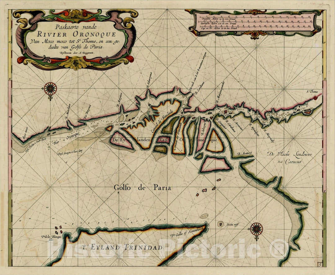 Historic Map : Paskaerte vande Rivier Oronoque Van Moco moco tot St. Thome, en een gedeelte van Golfo de Paria. Beschreven door A. Roggeveen., 1675, , Vintage Wall Art