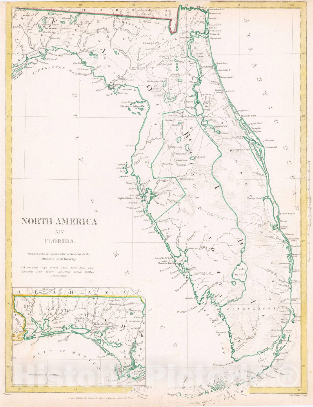 Historic Map : North America XIV Florida., 1834, SDUK, v4, Vintage Wall Art