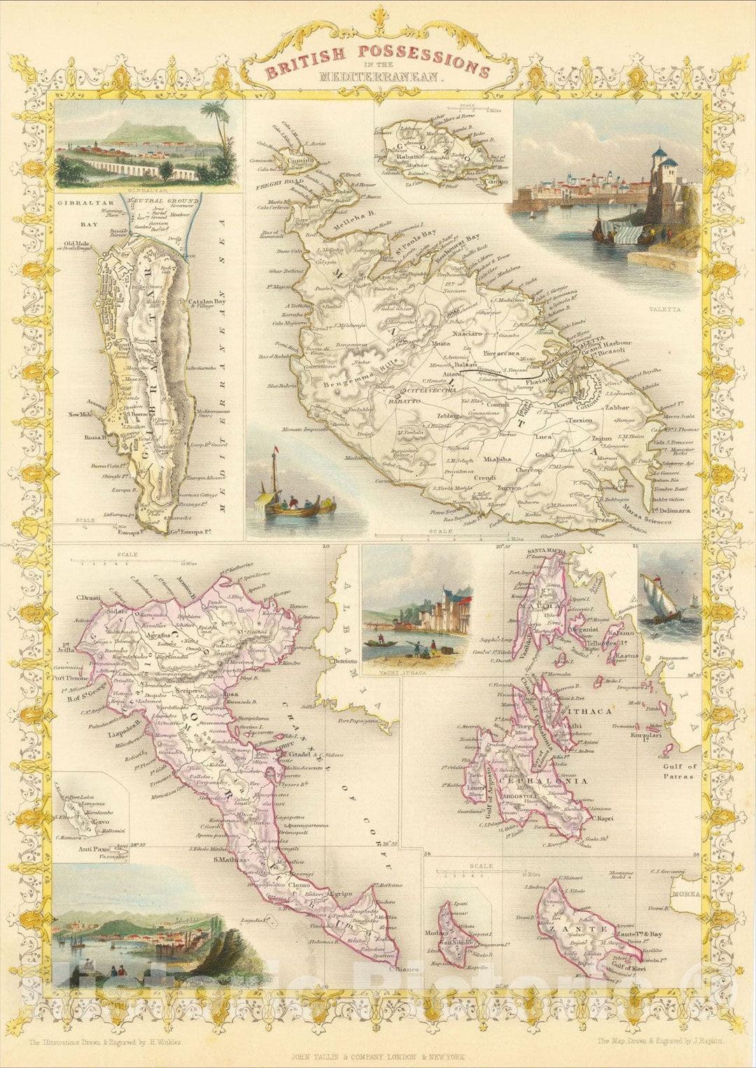 Historic Map : British Possessions in the Mediterranean (includes Malta), 1851, John Tallis, Vintage Wall Art