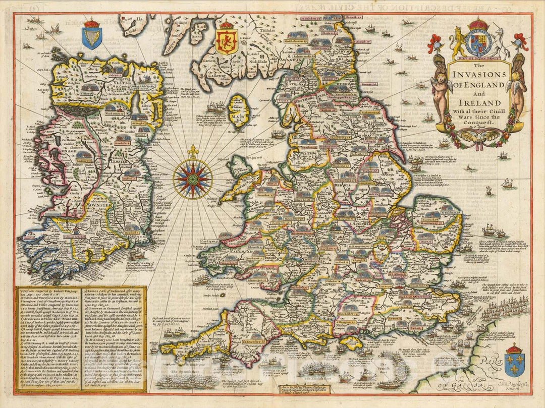 Historic Map : The Invasions of England and Ireland with al their Civill Wars Since the Conquest, 1676, John Speed, Vintage Wall Art