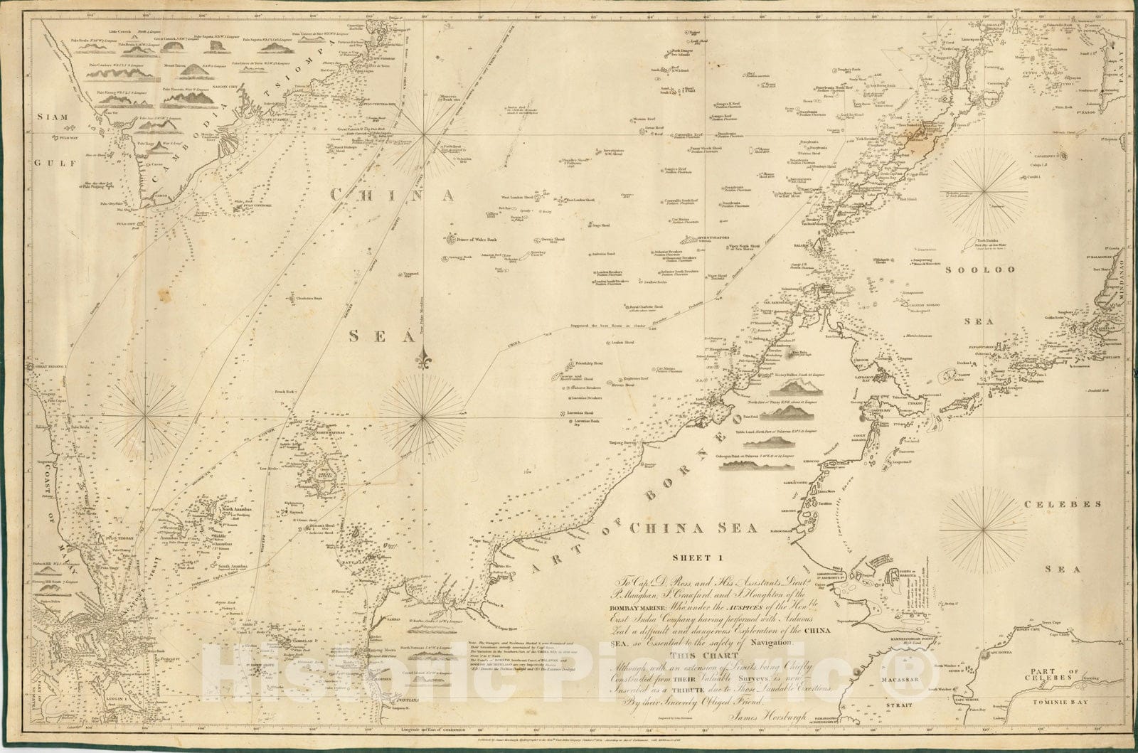 Historic Map : China Sea Sheet 1 (Singapore, Siam, Cambodia, Mindanao, Borneo), 1846, James Horsburgh, v2, Vintage Wall Art