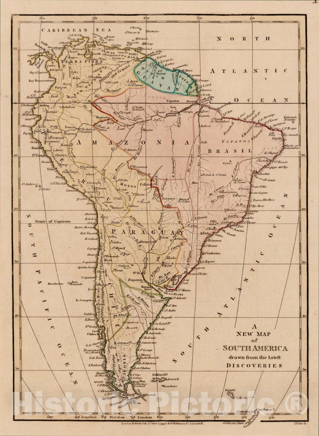 Historic Map : A New Map of South America drawn from the latest Discoveries, 1794, Robert Wilkinson, Vintage Wall Art