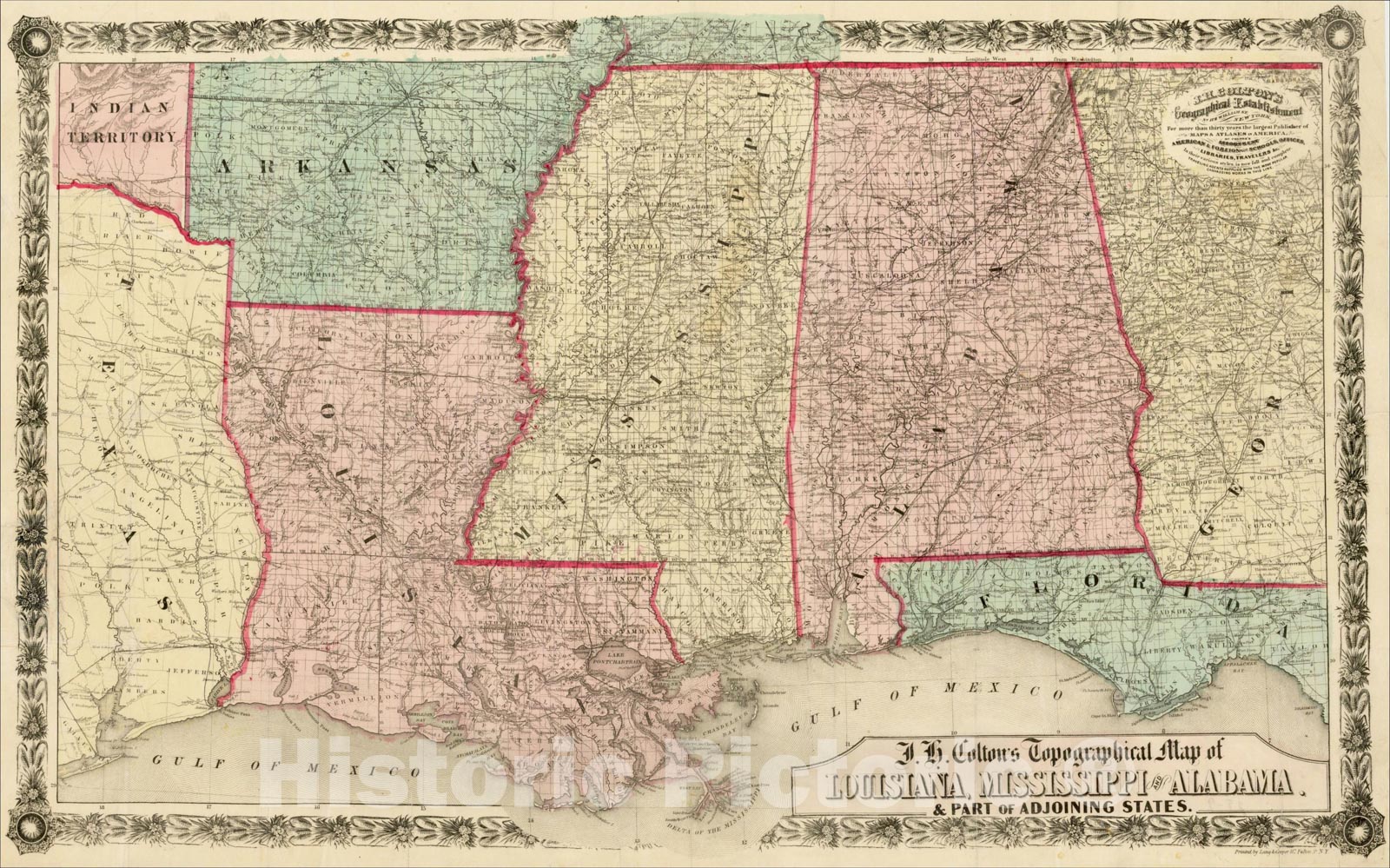 Historic Map : J.H. Colton's Topographical Map of Louisiana, Mississippi and Alabama. & Part of Adjoining States, c1863, , Vintage Wall Art