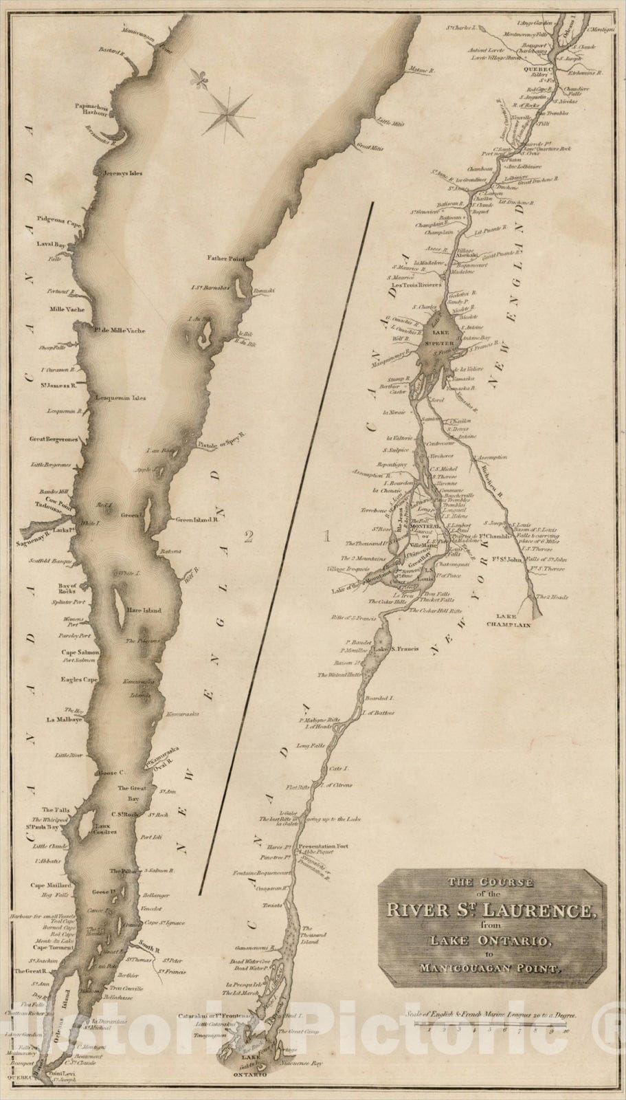 Historic Map : The Course of the River St. Laurence from Lake Ontario to Manicouagan Point, 1814, John Thomson, Vintage Wall Art