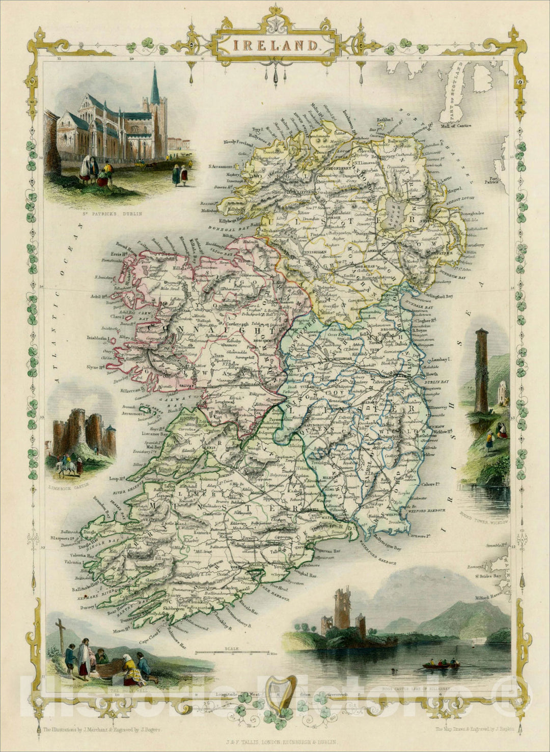 Historic Map : Ireland, 1851, John Tallis, v3, Vintage Wall Art