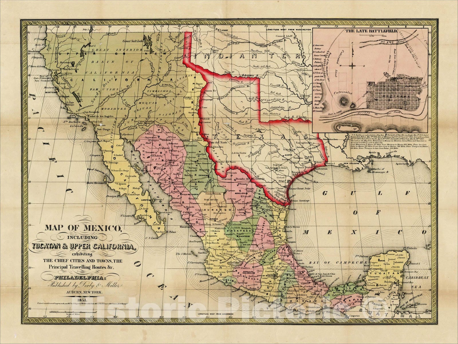 Historic Map : Map of Mexico, Including Yucatan & Upper California, exhibiting The Chief Cities And Towns, The Principal Travelling Routes &c, 1851, Vintage Wall Art