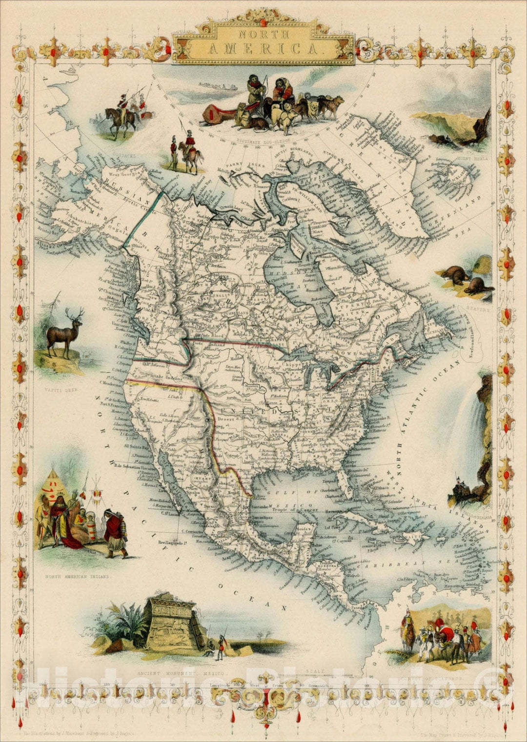 Historic Map : North America, 1851, John Tallis, v3, Vintage Wall Art