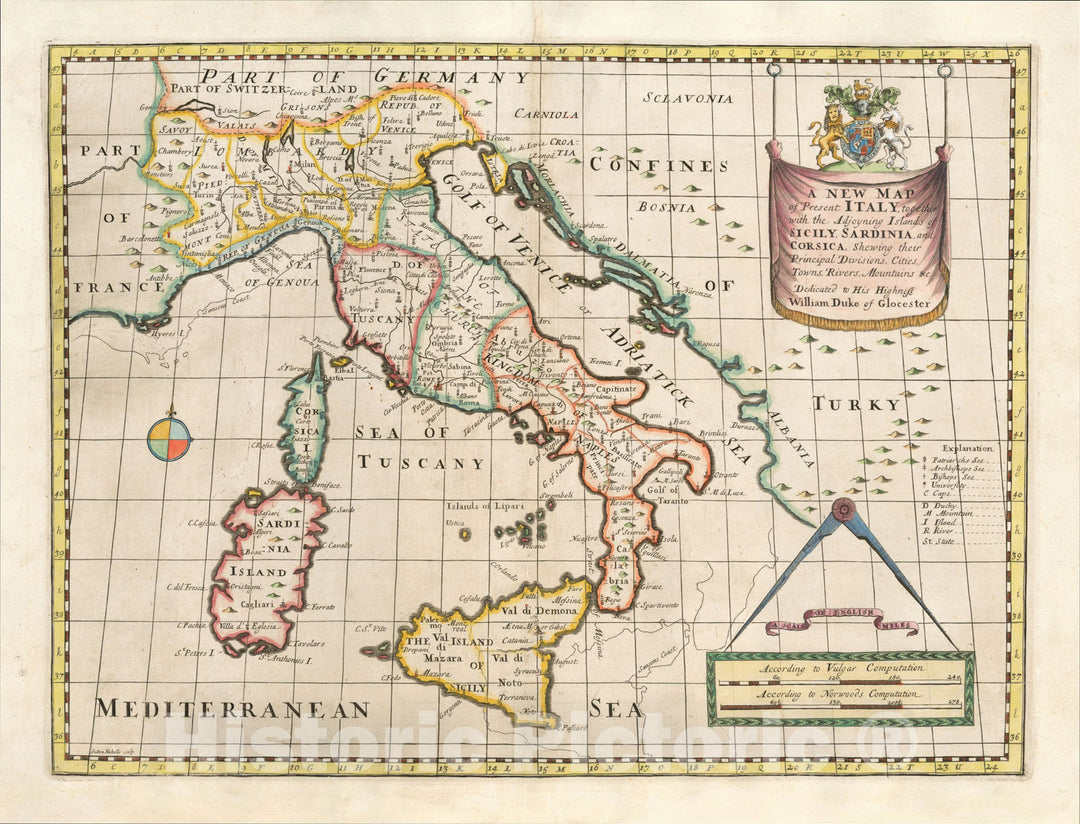 Historic Map : A New Map of Present Italy, together with the Adjoyning Islands of Sicily, Sardinia and Corsica, 1700, Vintage Wall Art