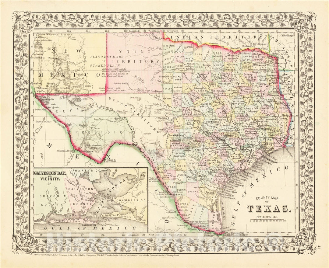 Historic Map : County Map of Texas, 1870, Samuel Augustus Mitchell Jr., Vintage Wall Art