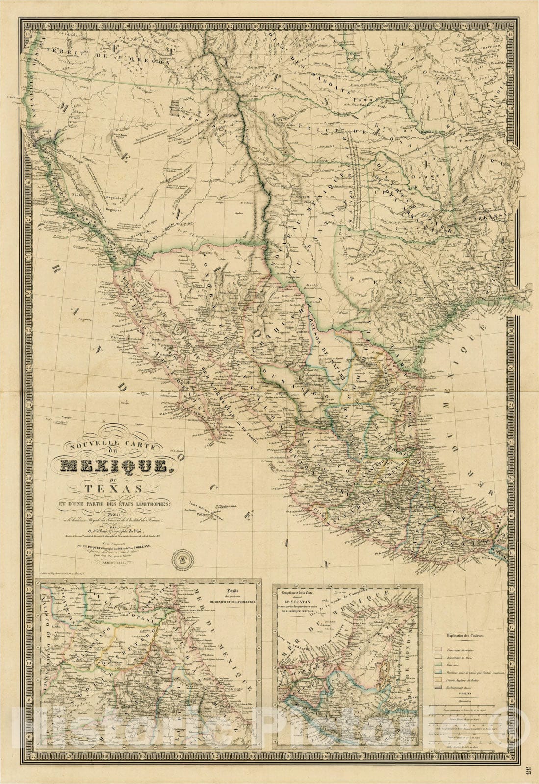 Historic Map : Nouvelle Carte Du Mexique, Du Texas Et D'Une Partie Des Etats Limitrophes, 1845, 1845, Adrien-Hubert Bru? v2, Vintage Wall Art