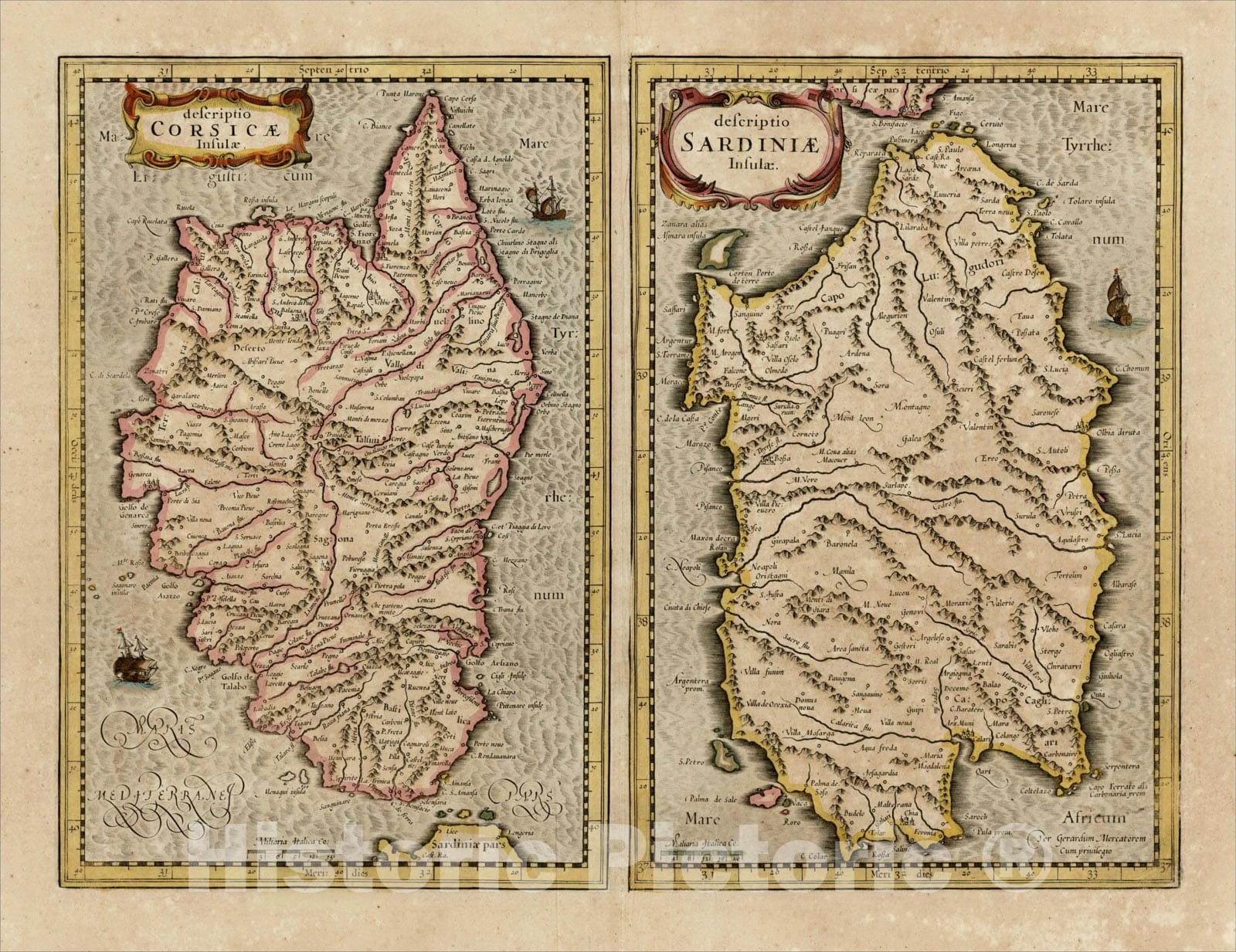 Historic Map : Corsica [and] Sardinia, c1640, , Vintage Wall Art