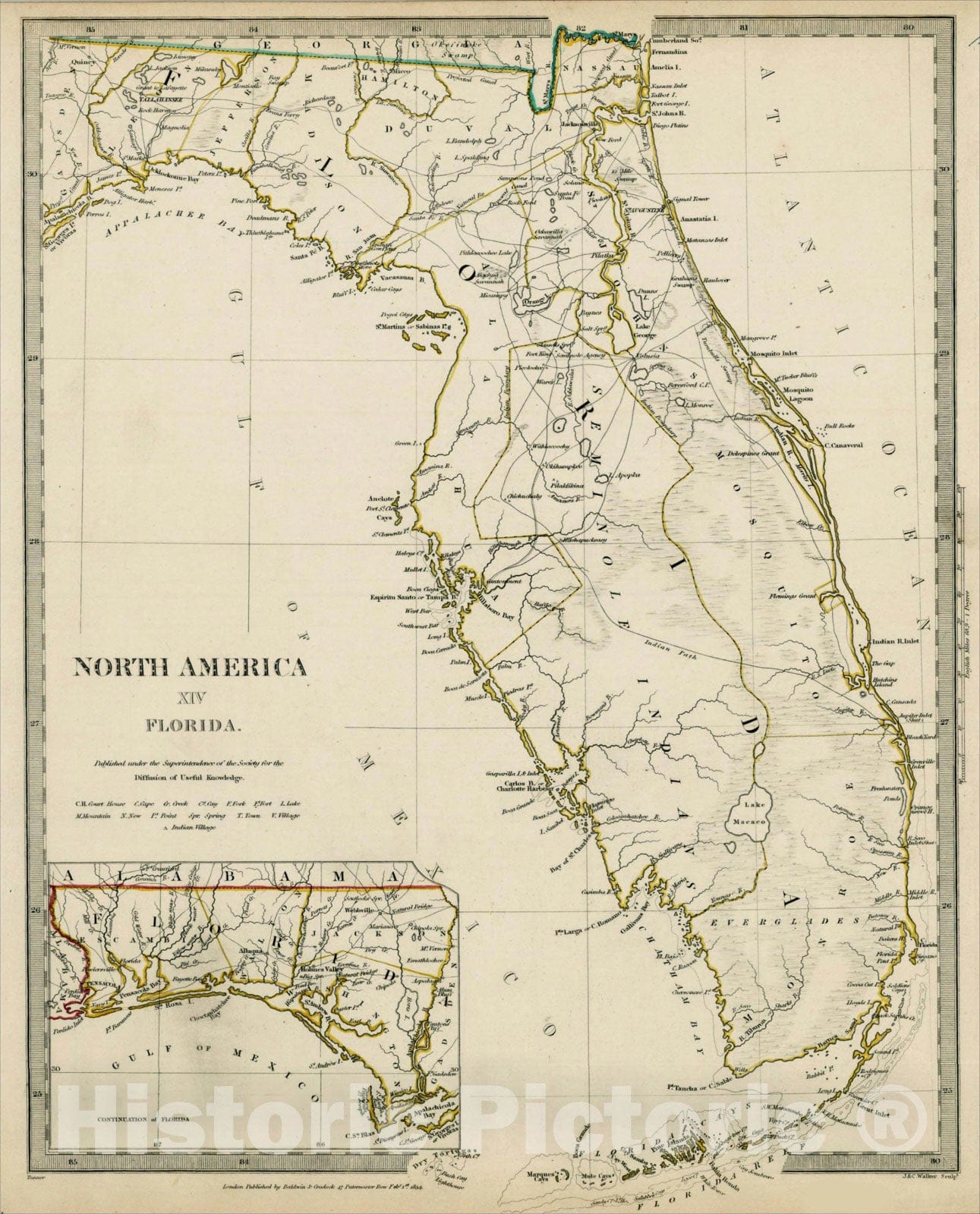 Historic Map : North America XIV Florida., 1834, SDUK, v5, Vintage Wall Art