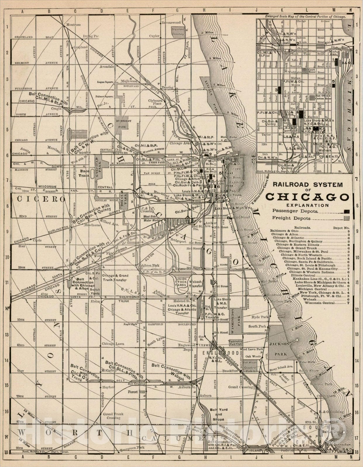 Historic Map : Railroad System of Chicago, c1898, Rand McNally & Company, Vintage Wall Art