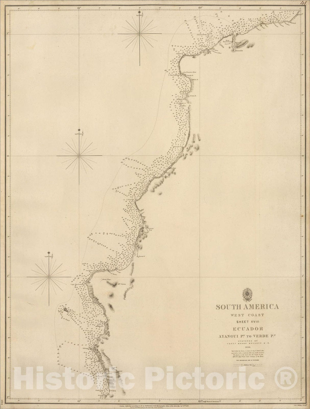 Historic Map : (Ecuador Coast) South America West Coast Sheet XVIII Ecuador Ayangui Pt. to Verde Pt. Surveyed by Captn. Henry Kellett R.N. 1836, 1847, Vintage Wall Art