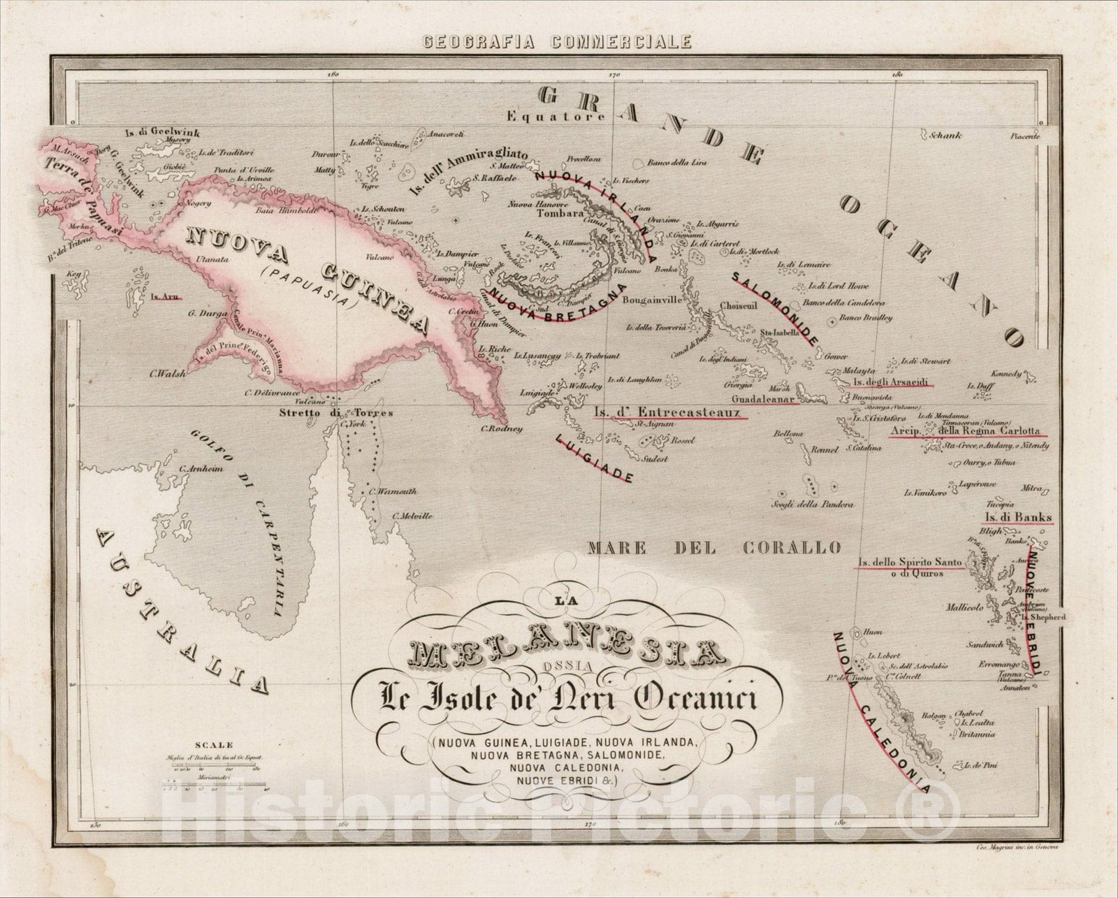 Historic Map : La Melanesia ossia Le Isole de Neri Oceanici Nuova Guinea, Luigiade, Nuova Irlanda, Nuova Bretagna, Salomonide, c1850, Francesco Marmocchi, Vintage Wall Art