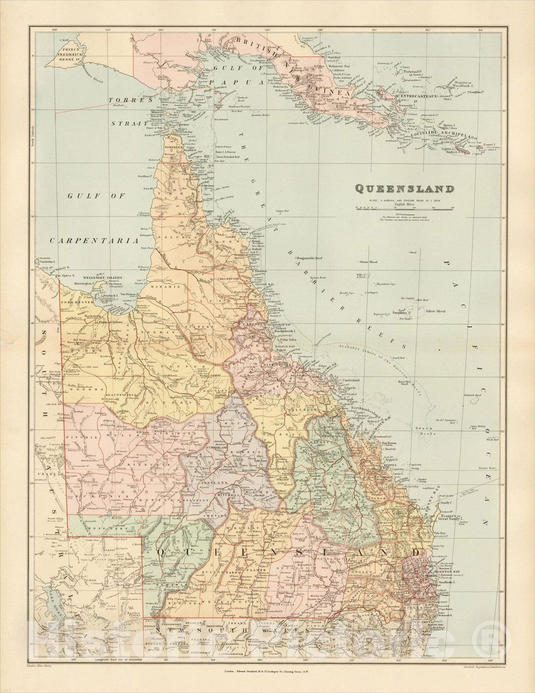 Historic Map : Queensland, 1896, Edward Stanford, Vintage Wall Art