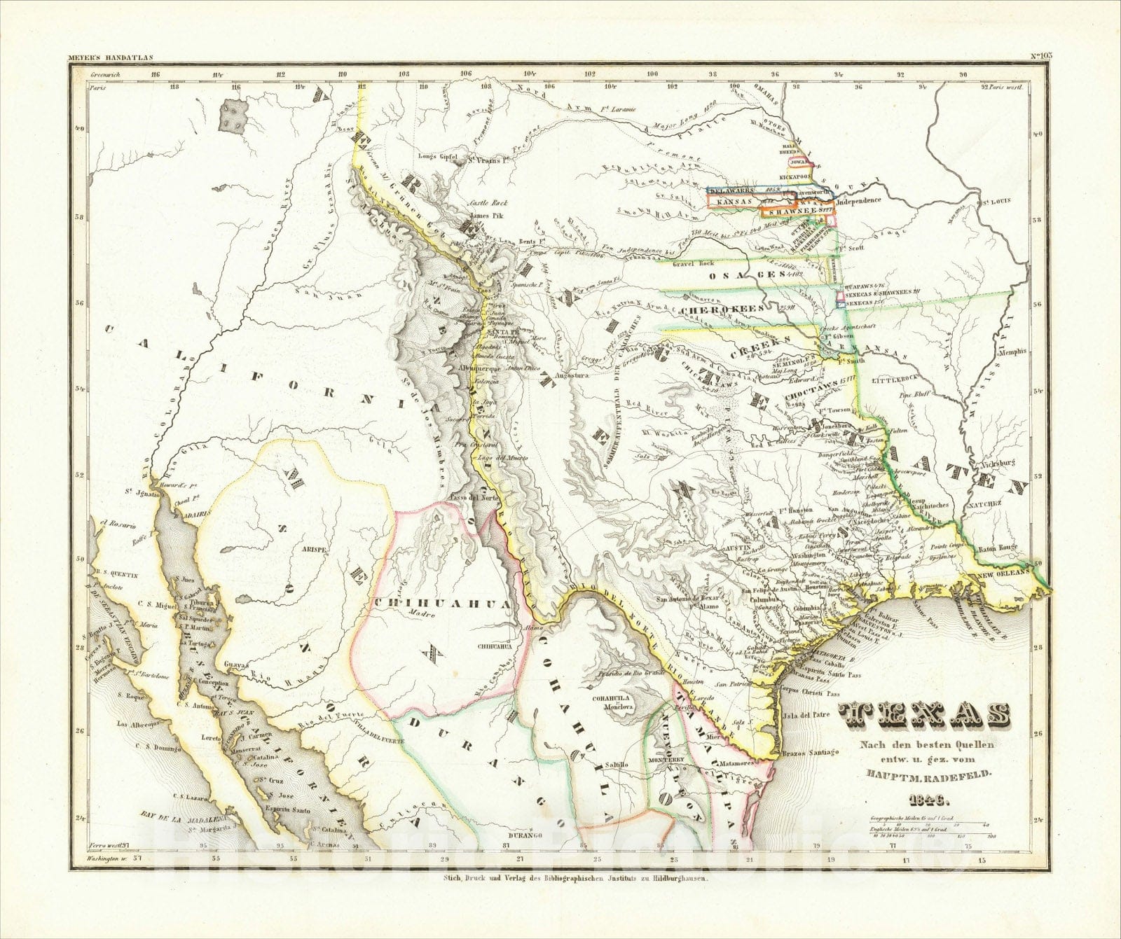 Historic Map : (Republic of Texas) Texas Nach den besten Quellen entw. U. Gez. Vom Hauptm. Radefeld. 1846., 1846, Joseph Meyer, Vintage Wall Art