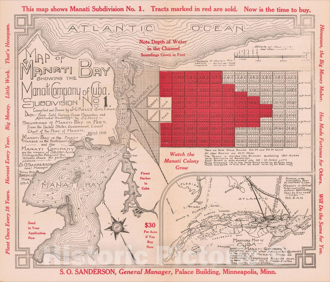 Historic Map : [American Colonies in Cuba] Map of Manati Bay Showing the Manati Company of Cuba. Subdivision No. 1., 1910, J.C. Kelly, Vintage Wall Art