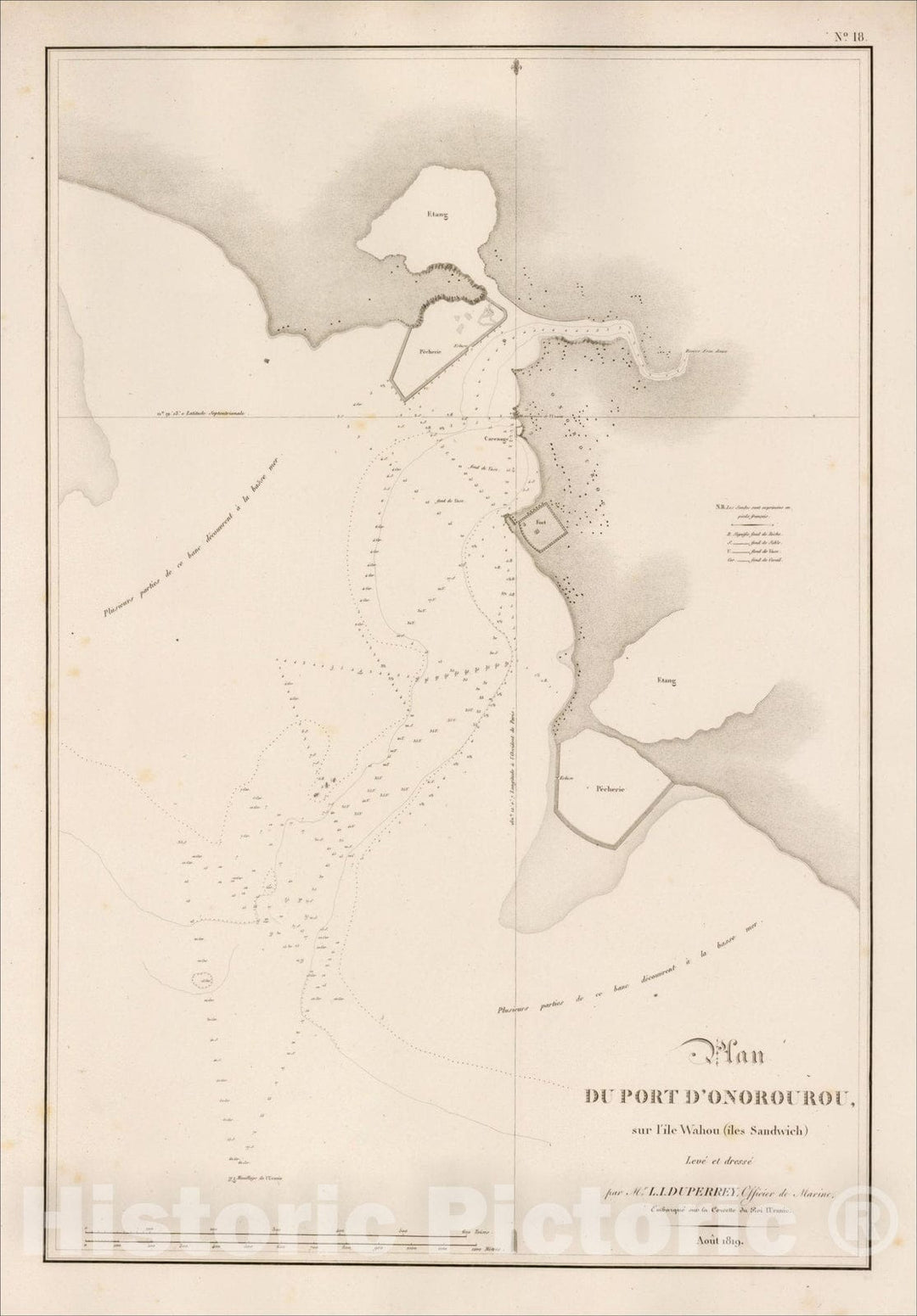 Historic Map : (Honolulu) Plan du port D'Onorourou, sur I'?e Wahou ('?es Sandwich), 1819, L.I. Duperrey, Vintage Wall Art