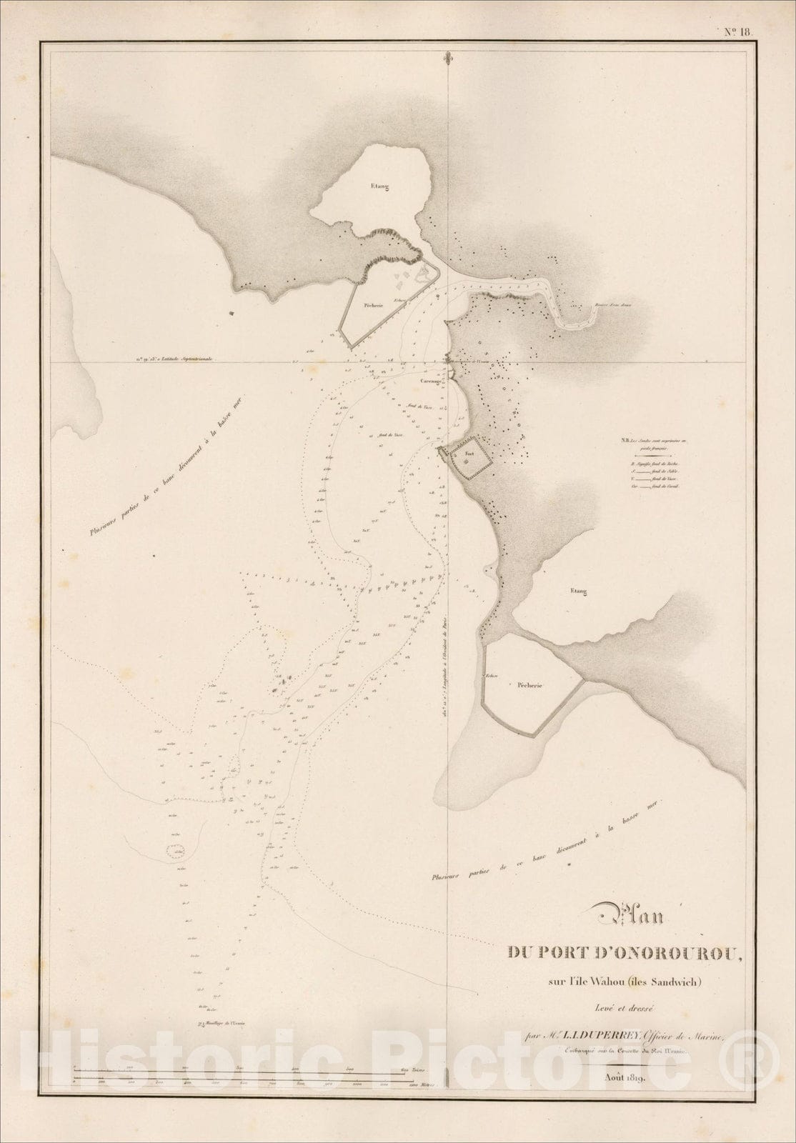 Historic Map : (Honolulu) Plan du port D'Onorourou, sur I'?e Wahou ('?es Sandwich), 1819, L.I. Duperrey, Vintage Wall Art