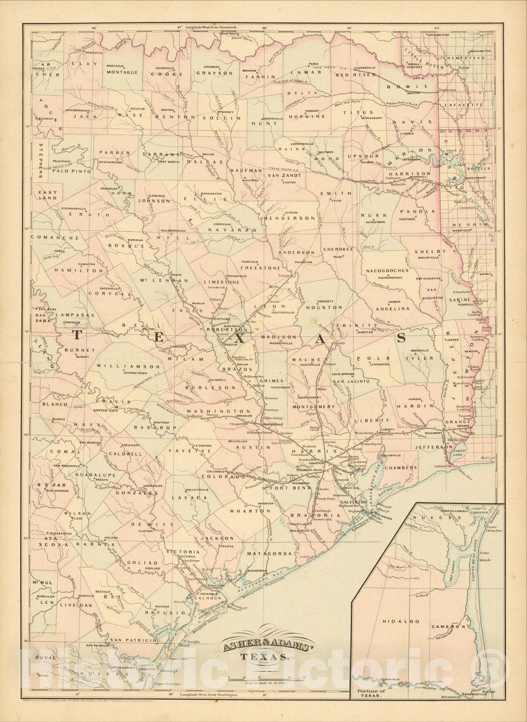 Historic Map : Asher and Adams' Texas, 1872, Asher, Vintage Wall Art