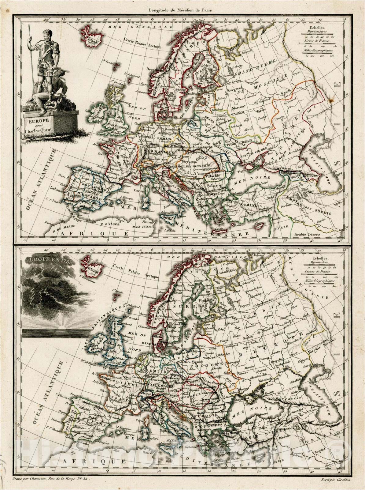 Historic Map : Europe sous Charles-Quint with Europe en 1798, 1809, Alexandre Emile Lapie, Vintage Wall Art