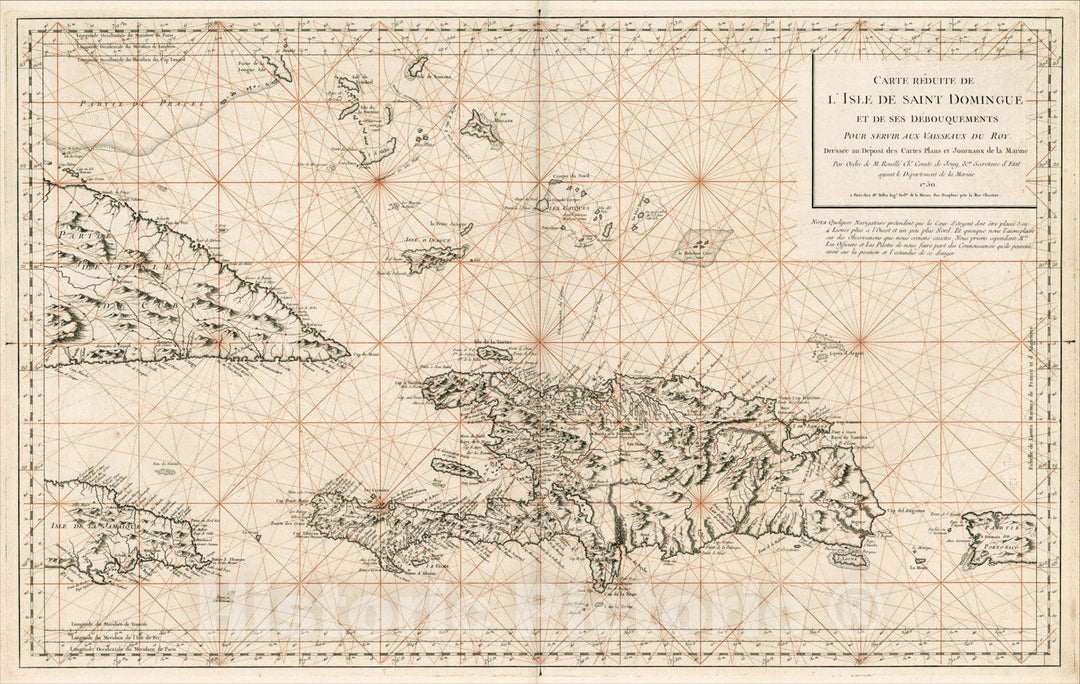 Historic Map : Carte Reduite De L'Isle De Saint Domingue et de ses Debouquements, 175 (with Puerto Rico, Jamaica, & Cuba), 1750, Depot de la Marine, Vintage Wall Art