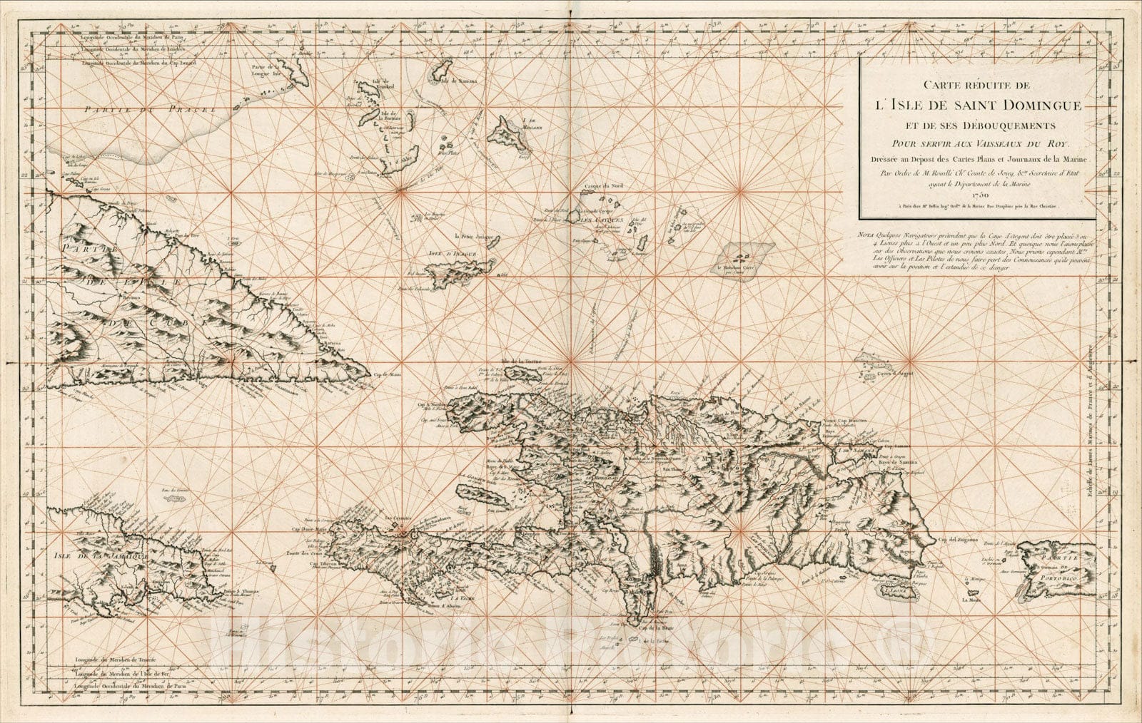 Historic Map : Carte Reduite De L'Isle De Saint Domingue et de ses Debouquements, 175 (with Puerto Rico, Jamaica, & Cuba), 1750, Depot de la Marine, Vintage Wall Art