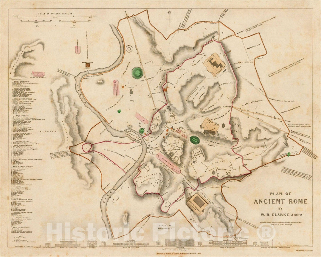 Historic Map : Plan of Ancient Rome. By W.B. Clarke, Archt., 1830, SDUK, v2, Vintage Wall Art