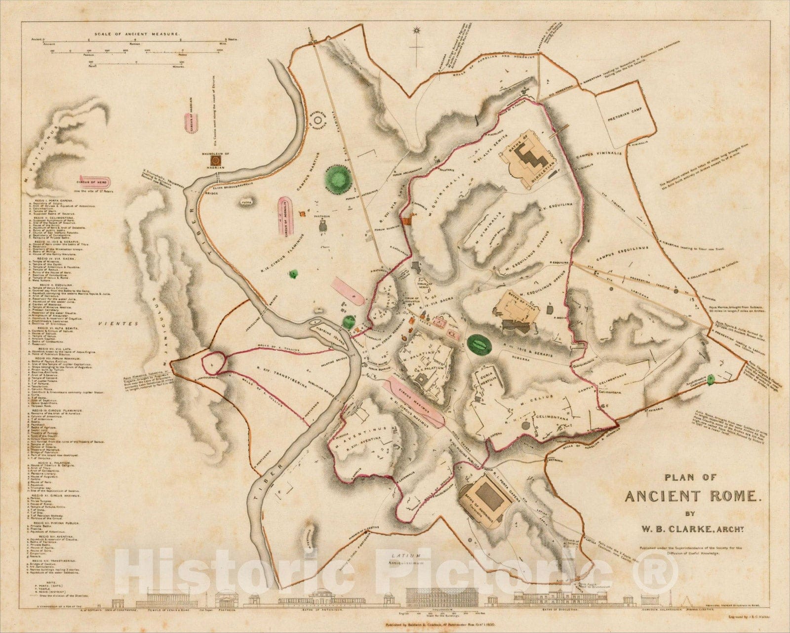 Historic Map : Plan of Ancient Rome. By W.B. Clarke, Archt., 1830, SDUK, v2, Vintage Wall Art